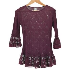 Fair Lady Burgundy Lace Trim Knit Bell Sleeve Tunic Women's Size 6 Fairycore‎
